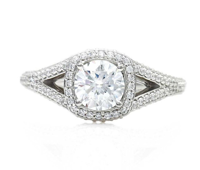 14K White Sapphire Engagement Ring Split Shank with Diamond Halo Sapphire Ring Custom Bridal Jewelry