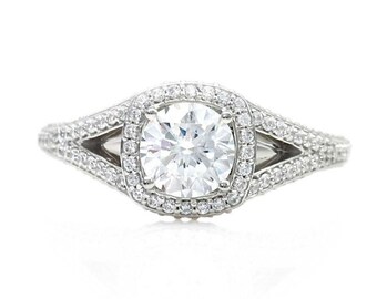 14K White Sapphire Engagement Ring Split Shank with Diamond Halo Sapphire Ring Custom Bridal Jewelry