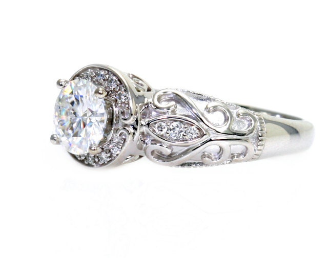 14K Vintage Diamond Halo Semi Mount Engagement Ring Custom Art Nouveau Platinum Bridal Jewelry