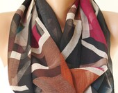 Infinity Scarf Loop Scarf Circle Scarf Cowl Scarf ..Black, redish and brown wave...Chiffon... Scarf...