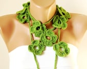 Flower scarf AUTUMN SALE Handmade Crochet Green  - Apple Green Color Flower Scarf Lariat, Scarf, Necklace