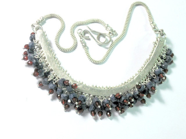 Statement Sapphire and Silver necklace with red agate facetted beads, Sterling and stone beads necklace, OOAK necklace