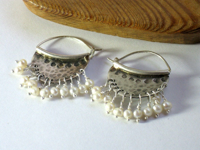 Silver and Pearl Hoops- Sterling Hammered hoops with freshwater pearls -