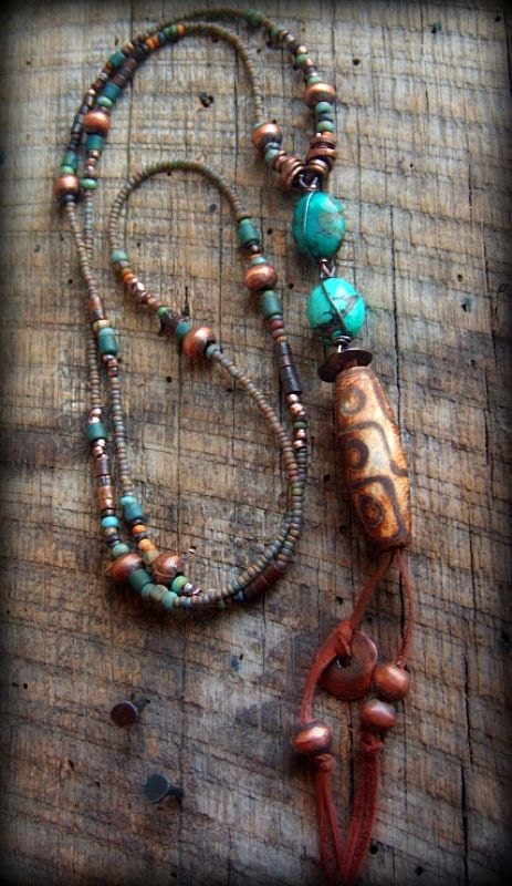 Tibetan Agate, Old World Glass, Turquoise, Copper Lariat Leather Beaded Necklace