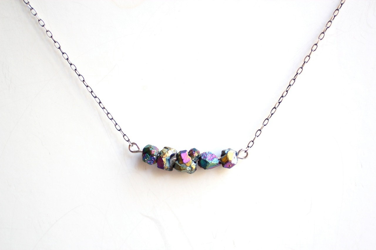 Titanium Druzy Minimalist Sterling Necklace - Oxidized Sterling Silver Chain