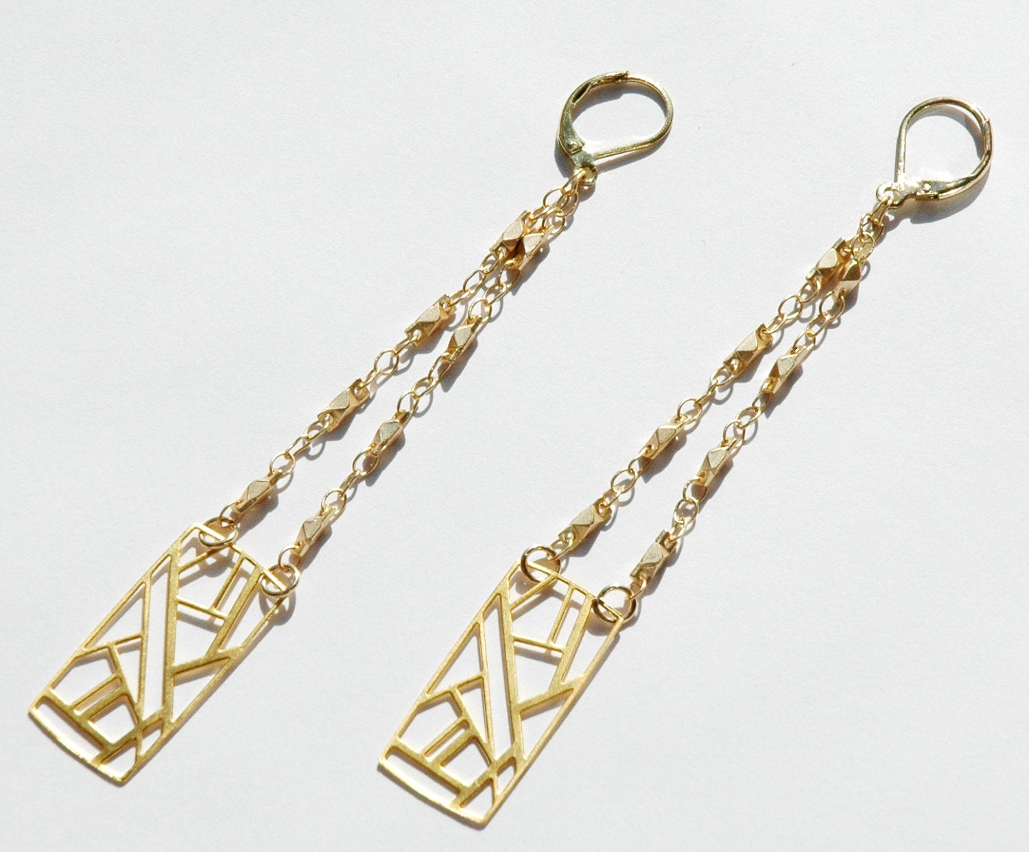 Long Mosaic Geometric Vermeil Gold Chain Earrings