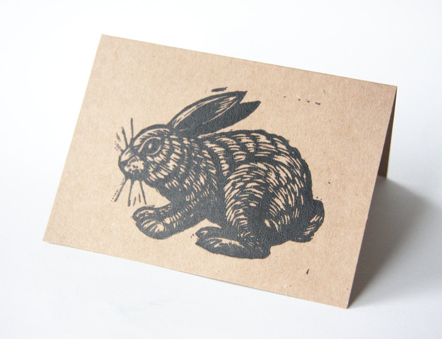 Rabbit Linocut Blank Kraft Paper Greeting Card