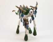 Clay Dragon Figurine Beast Sculpture, Art Object, Moss, White and Bronze Dragon