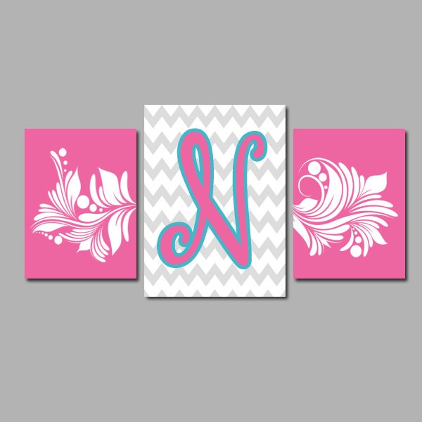 Pink Turquoise Grey Chevron Swirl Monogram Initial Letter Set of 3 Trio Prints two 8x10 and one 11x14 Wall Decor Abstract Art Picture