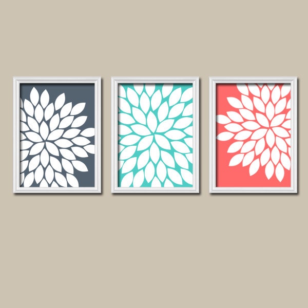Navy Aqua Coral Flower Burst Gerbera Daisies Artwork Set of 3 Trio Prints Wall Decor Abstract Art Picture Silhouette