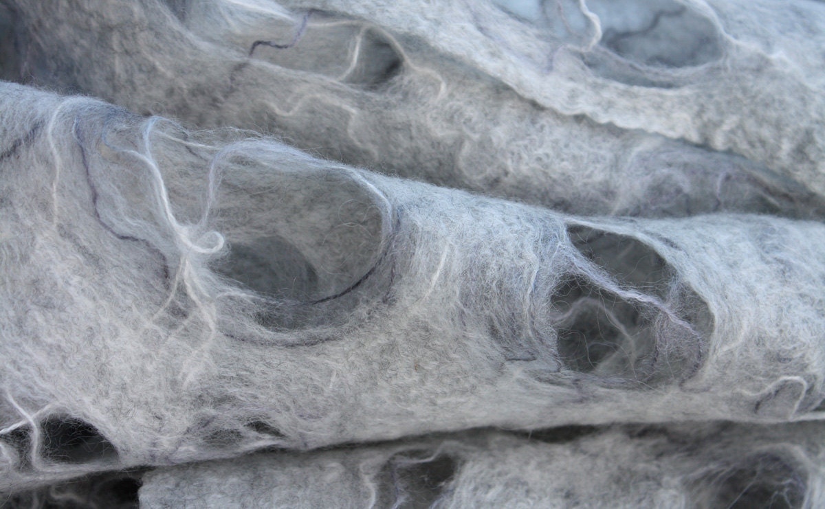 Grey Felt Scarf, Silver Grey Merino Silk Distressed Women Scarf
