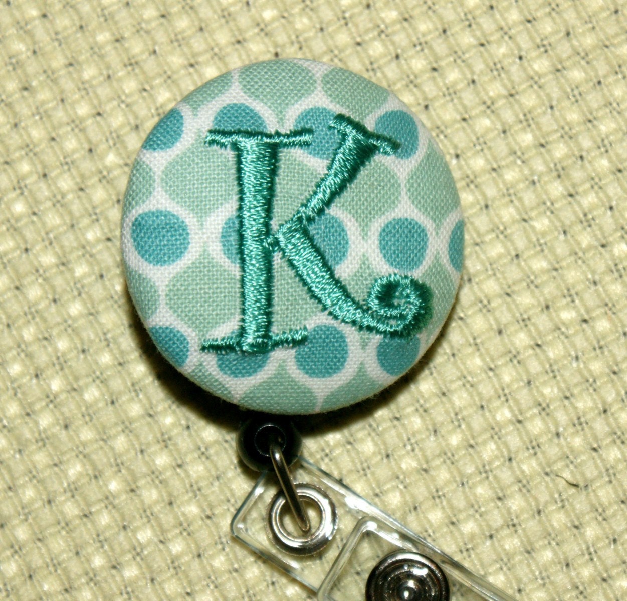 Many fabrics to design YOUR Badge Reel. Monogrammed single letter. shades of BLUE