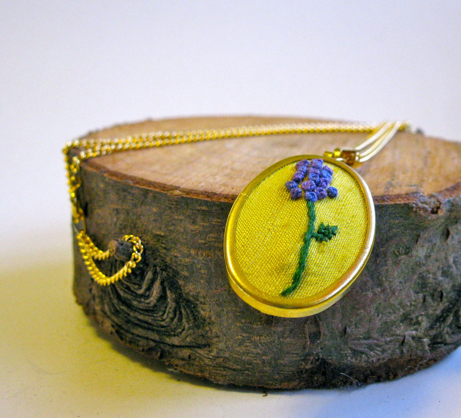 Hyacinth Pendant Embroidered Purple Grape Hyacinth on Yellow Silk