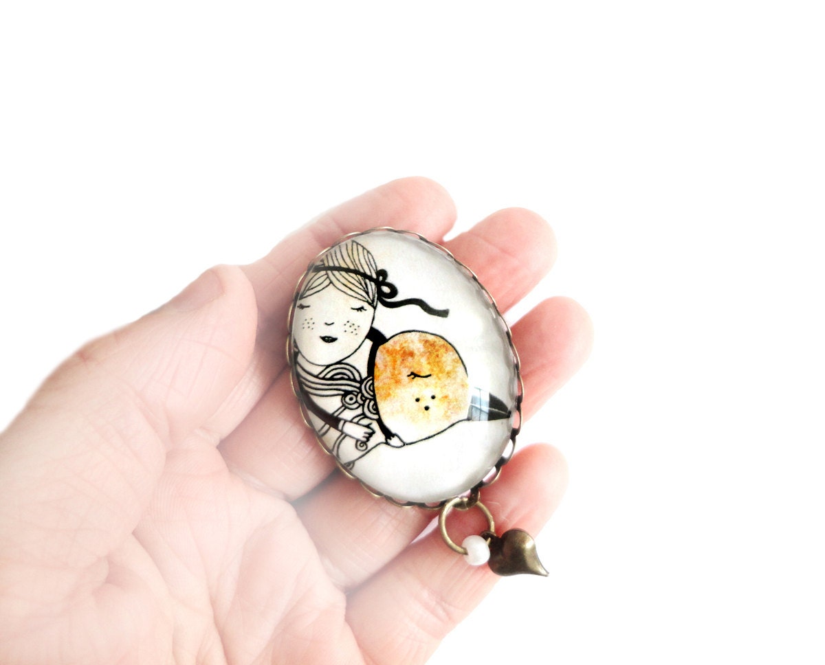 Simple Metal Pin with 30x40 mm. glass - Fly. Girl and bird.