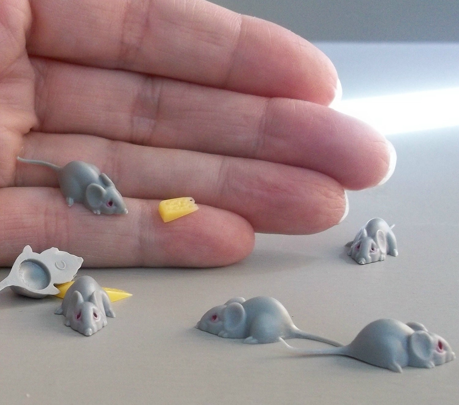 BUY 3 Get 1 FREE /  6 Miniature Vintage Kitsch Tiny German Grey Mice and 6 Cheese Wedges for Terrariums Doll House Dioramas Cake Toppers