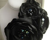 fabric flower brooch -  four bloom  corsage pin in black with faceted glass beading