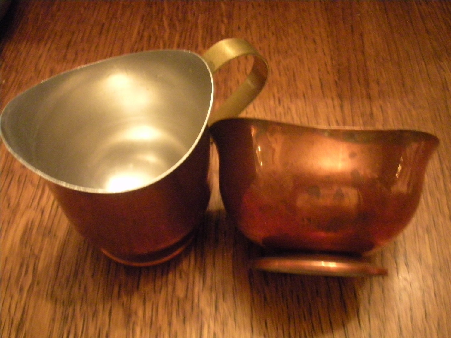 Vintage Copper Plated Aluminum Creamer and Sugar with Brass Handle