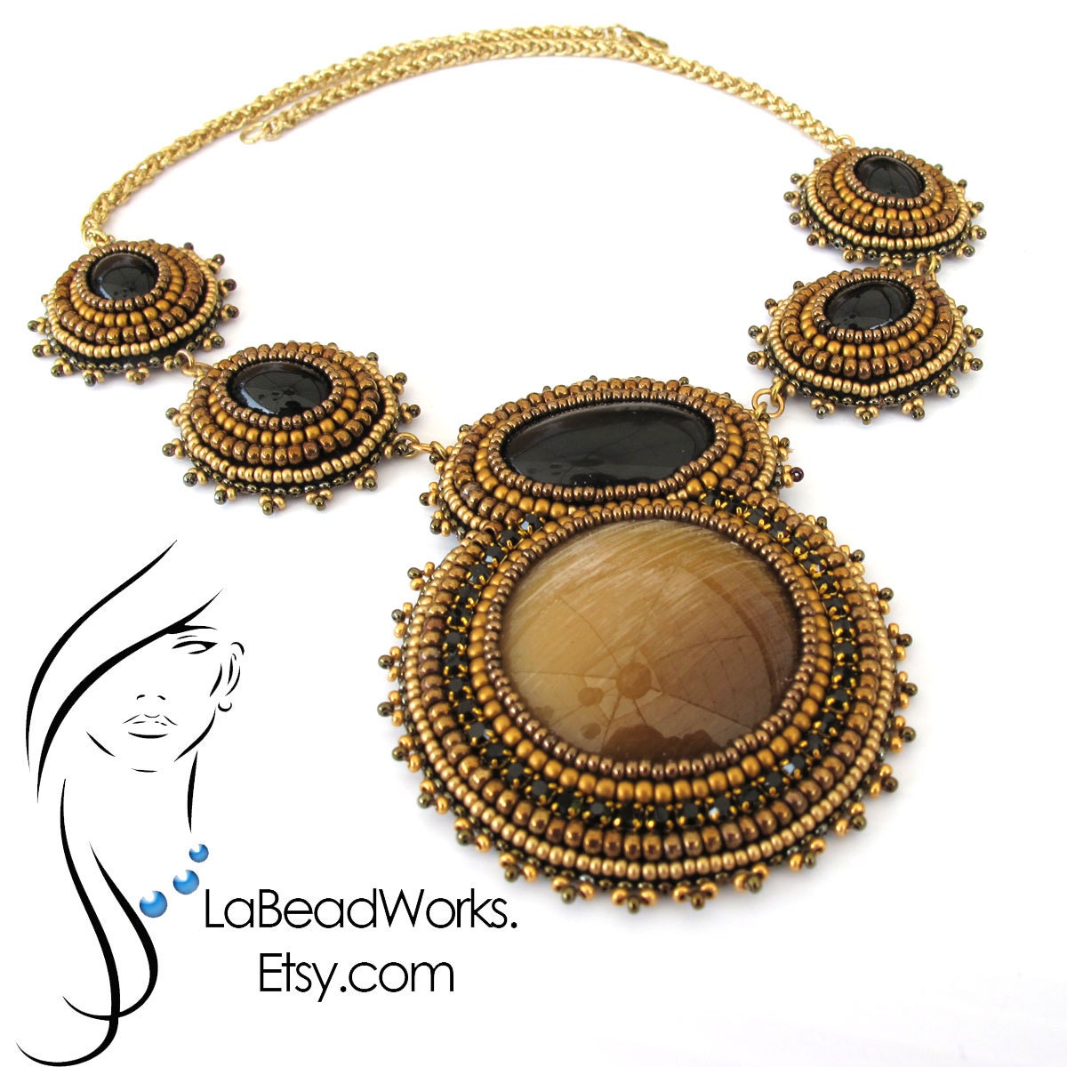 Beaded Vintage Acrylic and Stone Cabochons with seed beads and Swarovski Chain Necklace