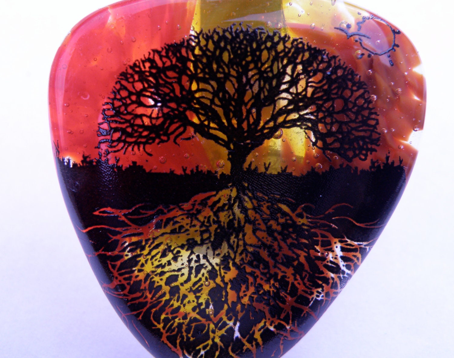 Beautiful Sunset Glass Necklace - Tree of Life Silhouette on Trilliant Glass Pendant with FREE Silver Chain