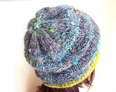 Spun Sugar : child's slouchy hat knit with hand dyed/handspun and commercial yarns in blue, grey, citrine yellow
