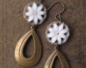 Milk Glass Flower Button Dangle Earrings Brass Teardrop Vintage Components