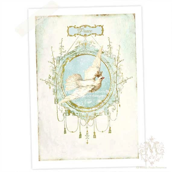 Dove, Peace, Giclee, Art Print, Winter Woodland, Robins Egg Blue, Vintage Style, White Berries, Ornate Frame, Digital Art Print