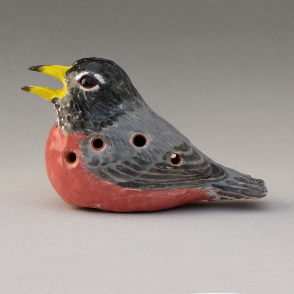 Ocarina with 10 holes--American Robin in Earthenware