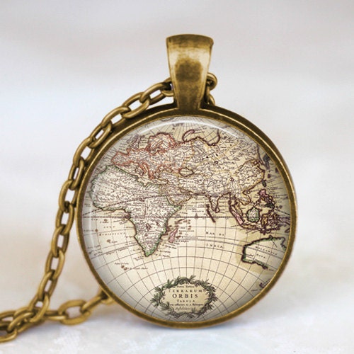 Old world map necklace, vintage world map  pendant, world map jewelry, keepsake map pendant