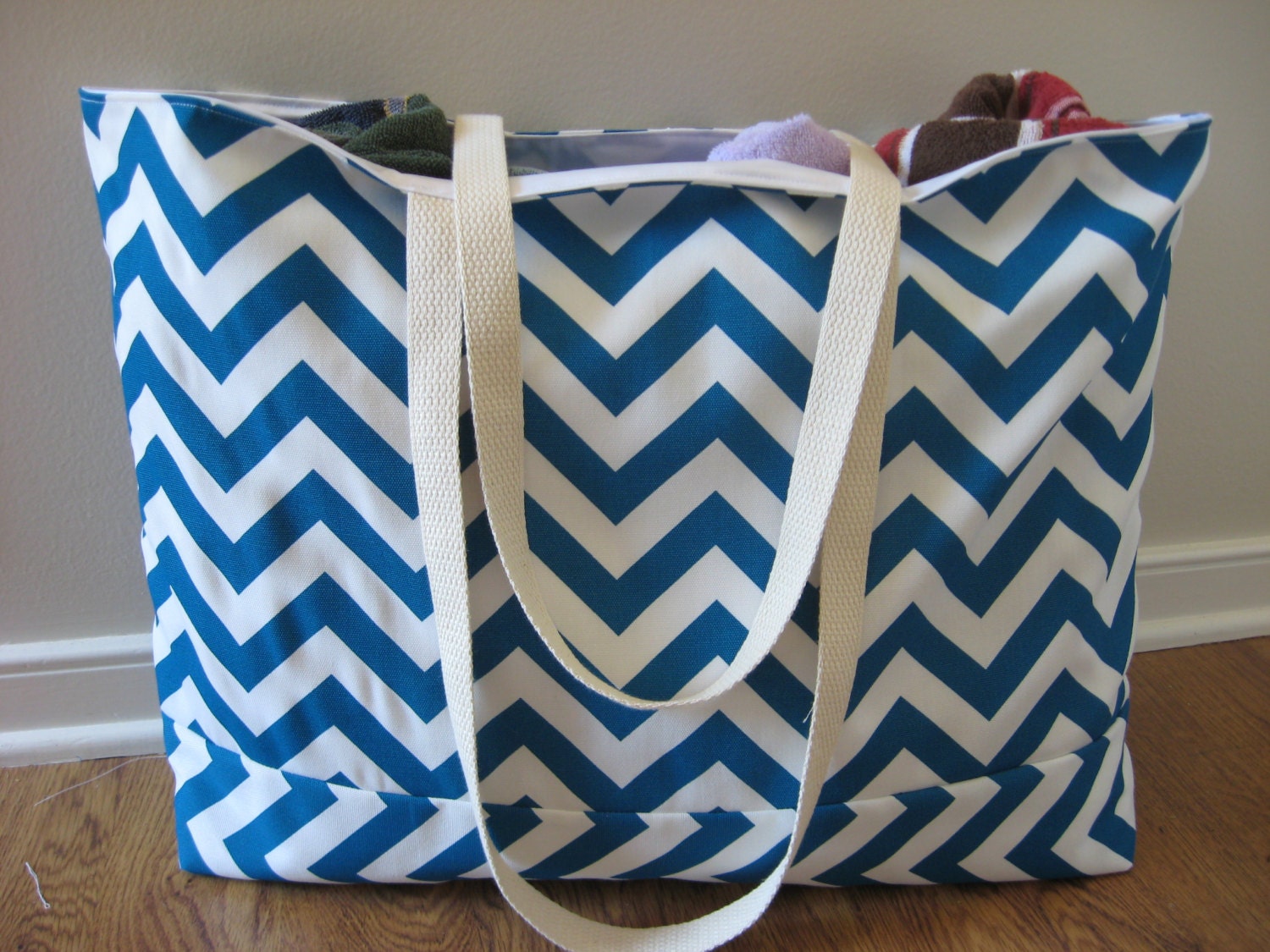 Extra Large Beach Tote, Beach Bag Chevron, Electric Blue chevron