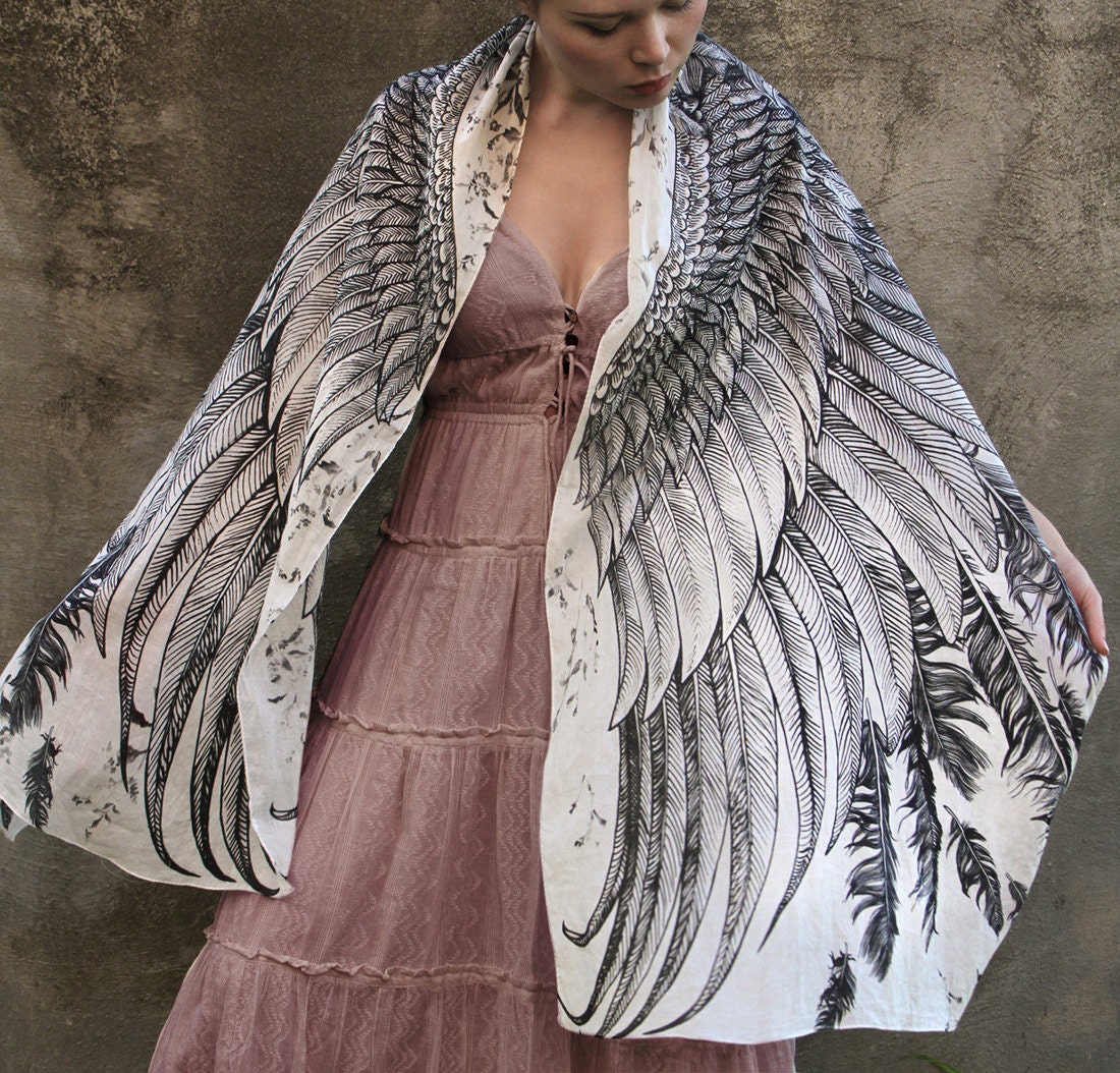 Women scarf, Hand painted Wings and feathers in Modal/rayon, stunning unique and useful, perfect gift