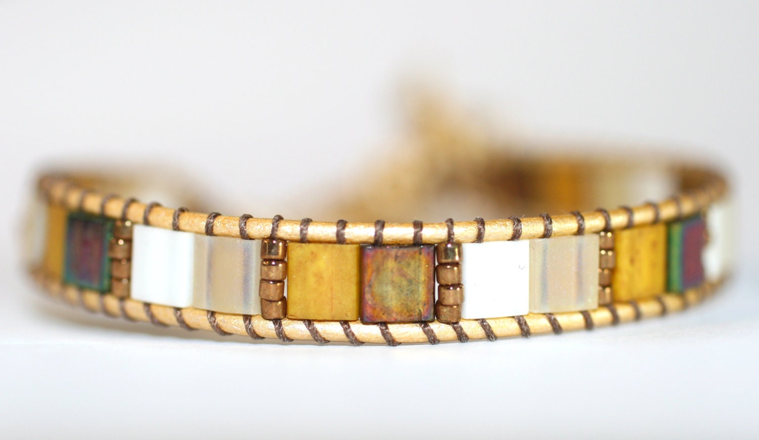 Yellow Gold and White Mosaic Tila Beaded Handmade Single Leather Wrap Bracelet