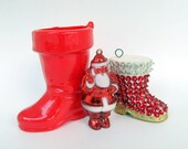 SALE Vintage Christmas Ornaments Set of Three Boots and Santa