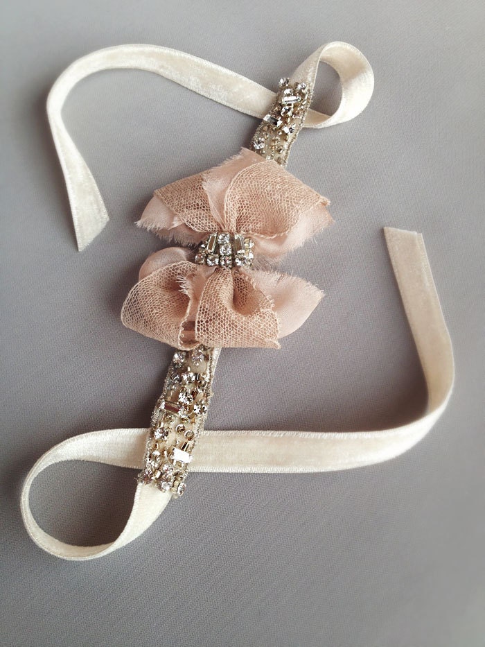 Blush Antique Lace Rhinestone Bow Cuff with Jeweled Ivory Velvet Ribbon