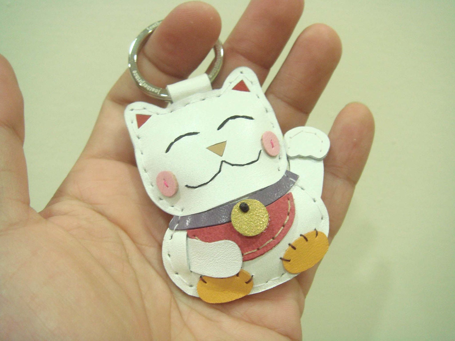 Leather Keychain - Makiyo the Maneki Neko leather charm ( White )