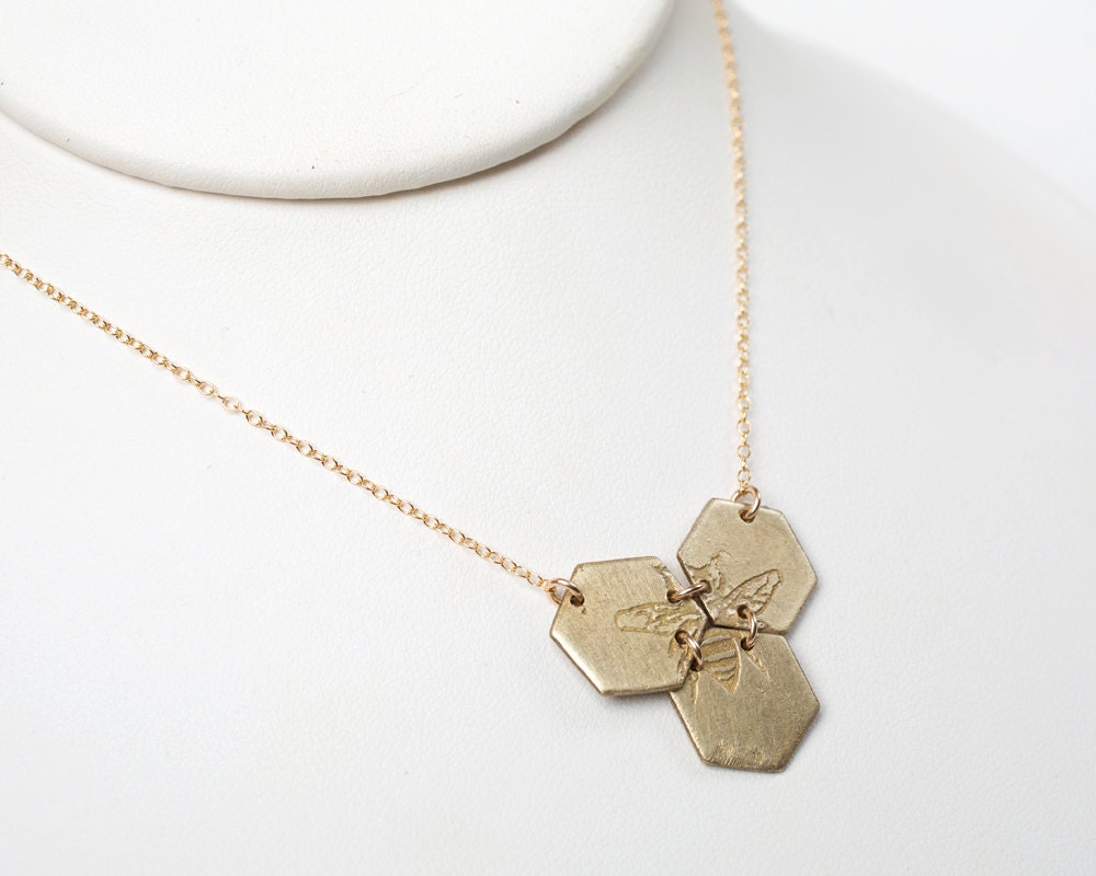 Medium Etched Honeycomb Necklace, Brass