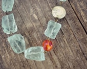 Chunky aqua quartz Necklace, vintage hyacinth glass and coin pearl