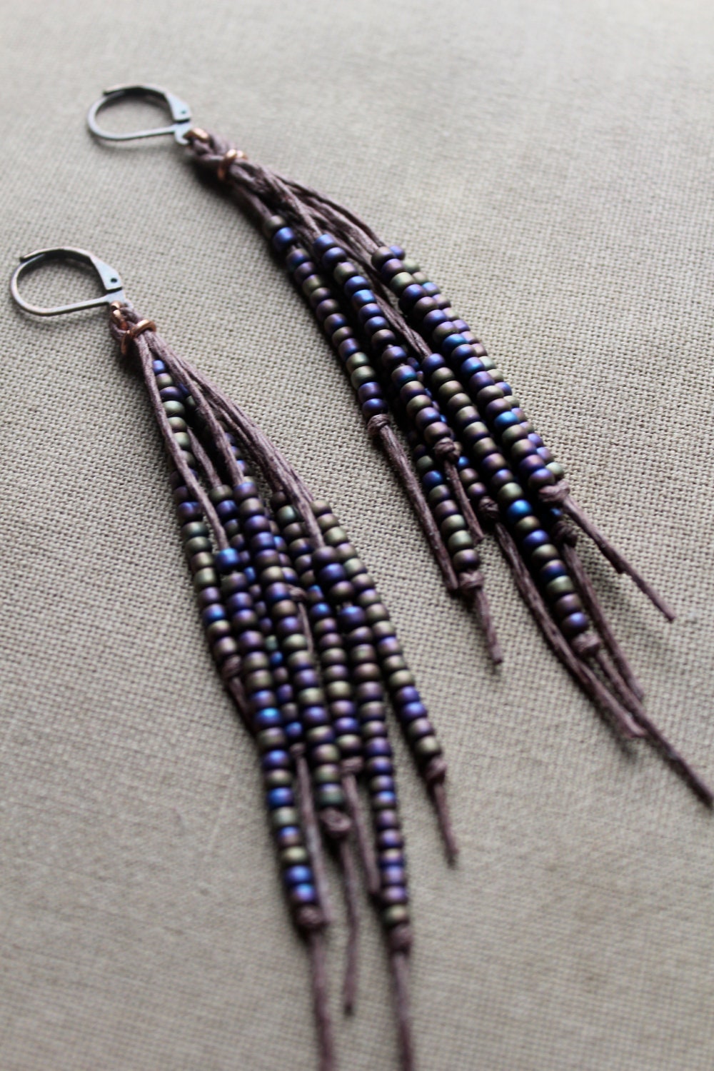 Made to Order Vegan Feather Hemp Natural Earrings - Copper and Glass - Hippie Bohemian