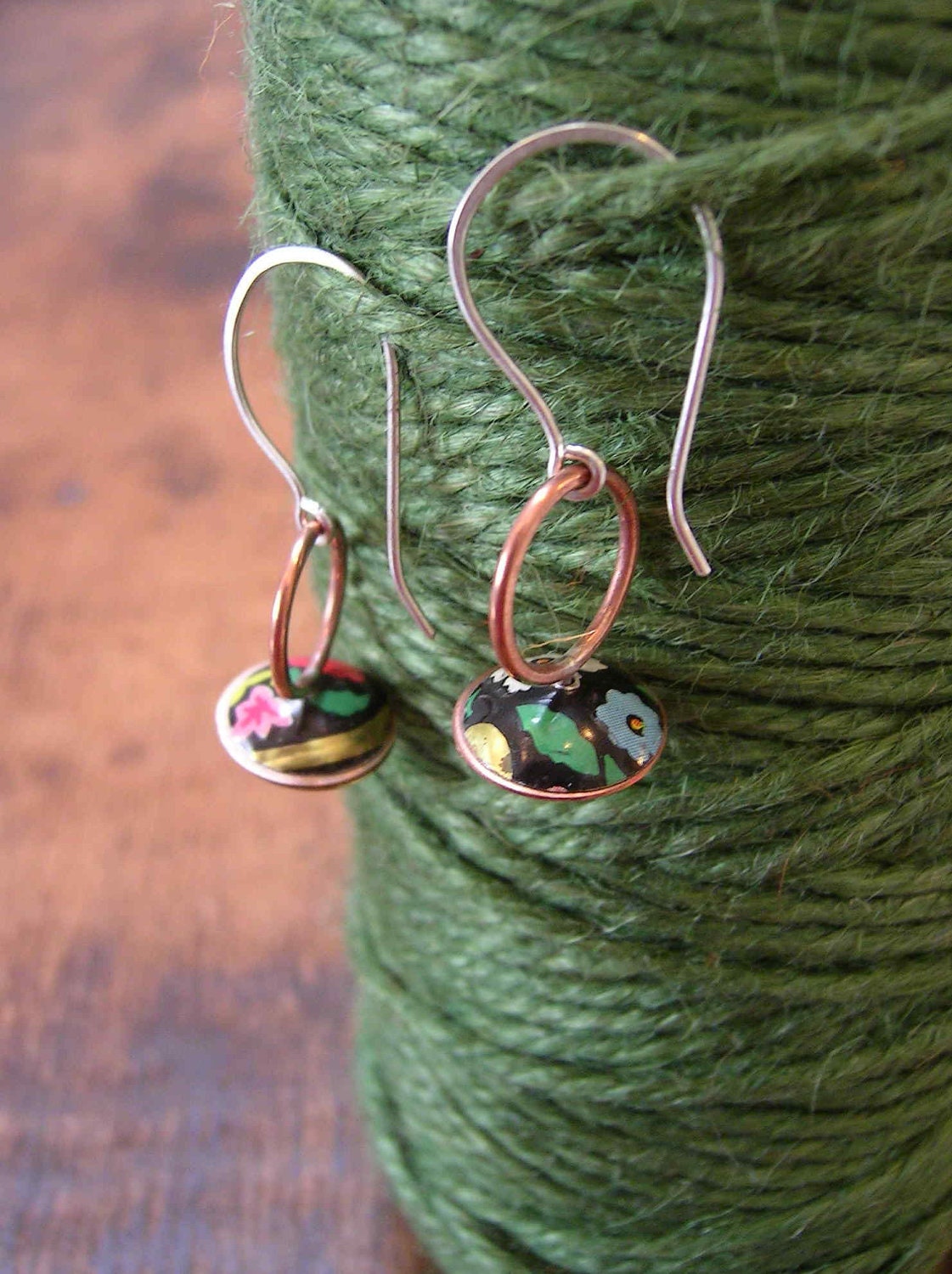 Folksyfloral 'mismatch' earrings, recycled tins, silver, copper.