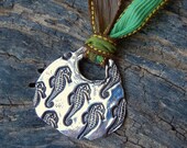 Seahorse Jewelry, Sea Horses Silver Pendant, Handmade Necklace, Silver Medal, Tie Dyed Silk Ribbon Necklace or Doubled Sexy Short Choker