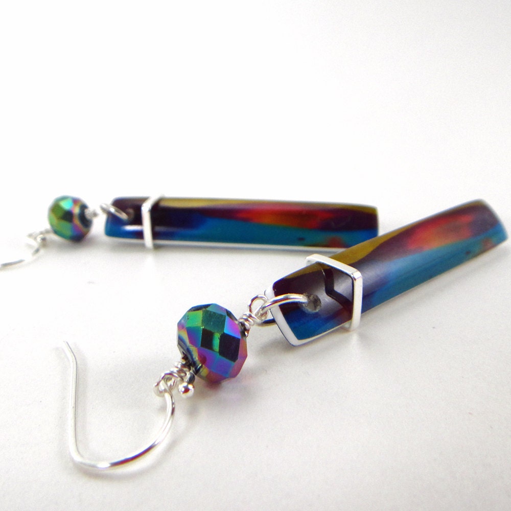Reversible earrings,Gemini series, denim fray and jeweltone sky ,skinny earrings , resin earrings, gifts for her, gifts under 25
