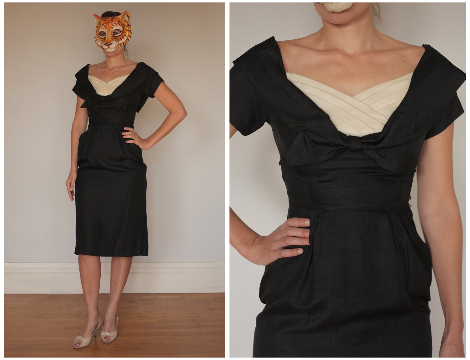 Vintage 50s Black and White Wiggle Dress with Sailor Style Bow Collar and Pockets - sz S