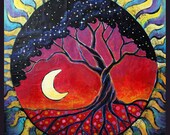 Celestial Tree of Life, Print on wood  16" x 16" from original mixed media Painting by Christina Colwell, Modern Contemporary Folk Art