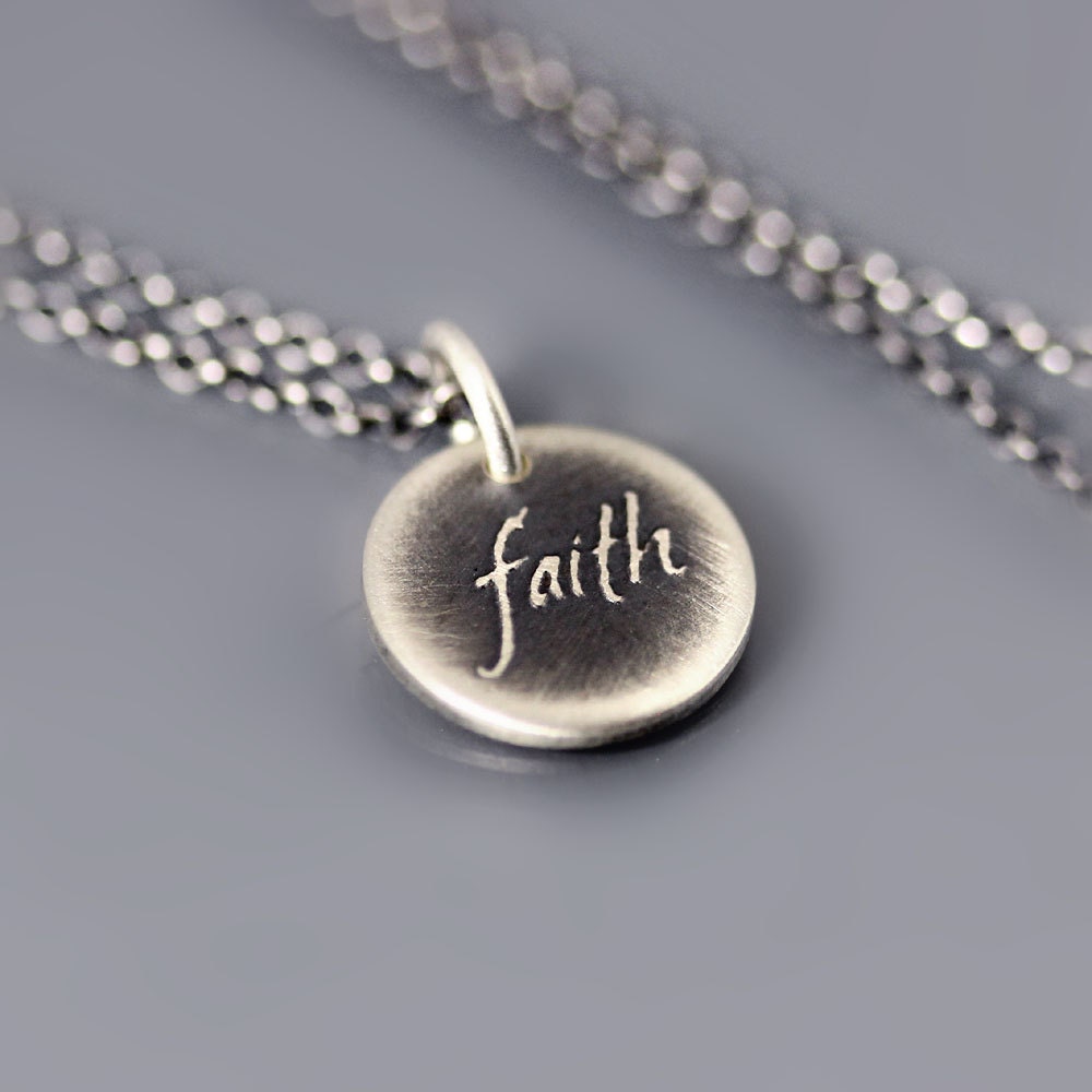 Tiny Oxidized Handwritten Faith Necklace - Etched Sterling Silver Pendant - Inspirational Word