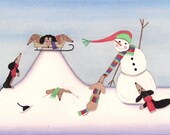 Christmas cards: Dachshunds (doxies) frolic in winter with snowman  / Lynch folk art