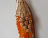 Vintage Straw Wine Bottle Basket Carrier with yarn leaves and wicker grapes
