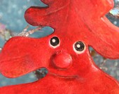 Autumn Folk Art  Anthropomorphic Red  Oak Leaf Paperclay Ornament