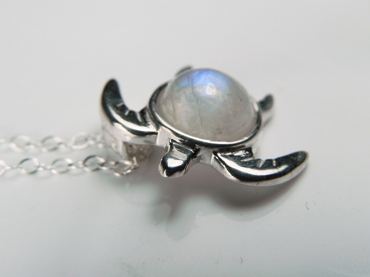 Turtle Necklace - Moonstone Sea Turtle Pendant - Unique Gemstone Sterling Silver Turtle Totem Jewelry - Sea Life - Rainbow Moonstone