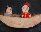 Acrylic Whimsical Contemporary Folk Painting Watercolor Paper 12x9 Two Girls in a Boat, Children, Cute, Original Art