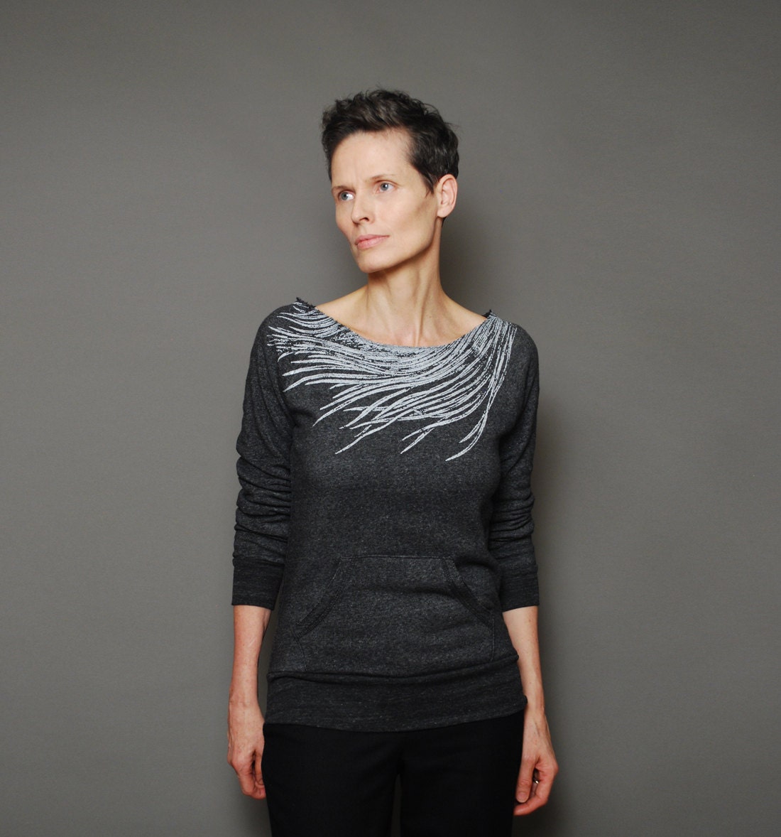 Spring Eco Fashion Charcoal Eco Fleece Sweatshirt,  Modern Feather Print, Pullover Sweatshirt