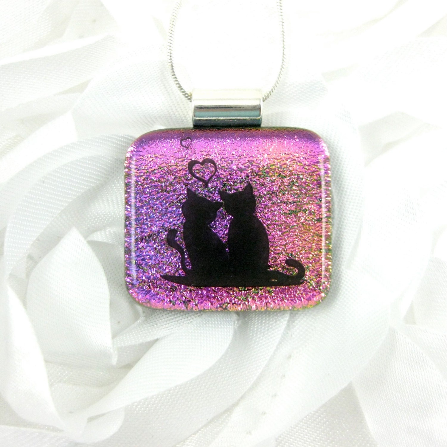 Small Pink Cat Dichroic Glass Necklace - Kitty Cats in Love Fused Glass Jewelry